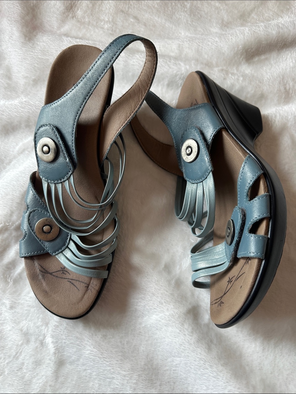 DROMEDARIS Luxury Light Blue Leather Slingback Sandals Velcro Straps Sz 39/9 EUC